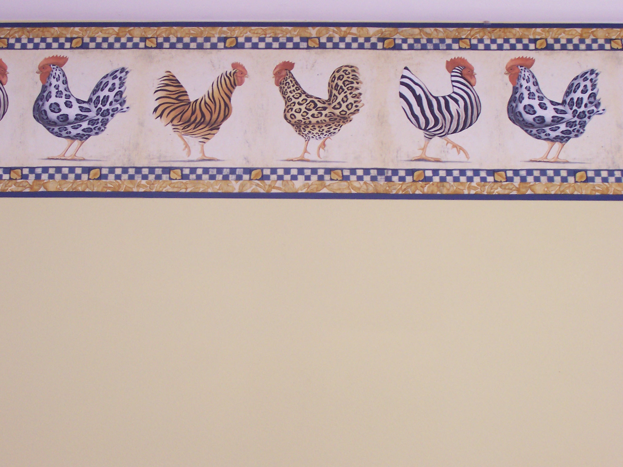  with white trim, and a snazzy border of animal print roosters!